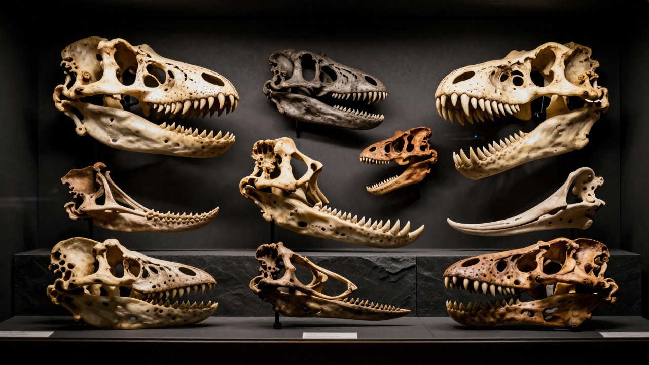 Múltiples huesos fósiles de dinosaurios en exhibición comparando la diversidad de tipos de dientes.