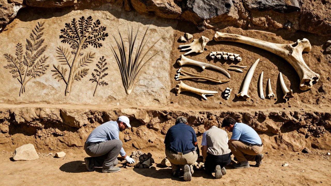 Científicos examinan fósiles que comparan la dieta herbívora con restos carnívoros de dinosaurios en un yacimiento.