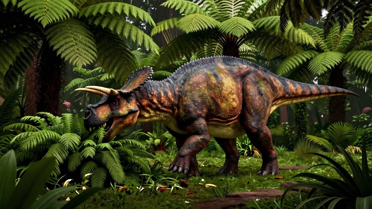 Un dinosaurio herbívoro masivo pasta vegetación prehistórica en un paisaje antiguo y denso.